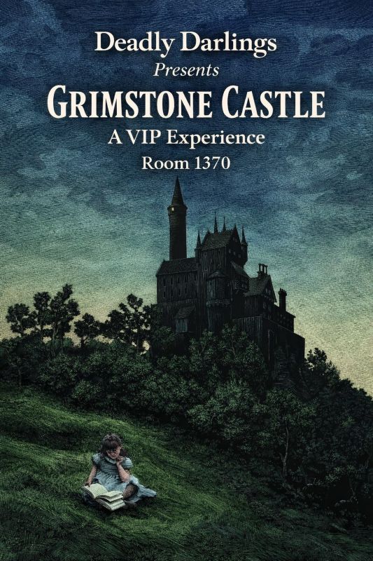 A dark castle under a twilight sky, with a child reading on the grass. Text above advertises the VIP Macabre Mortuary event.
