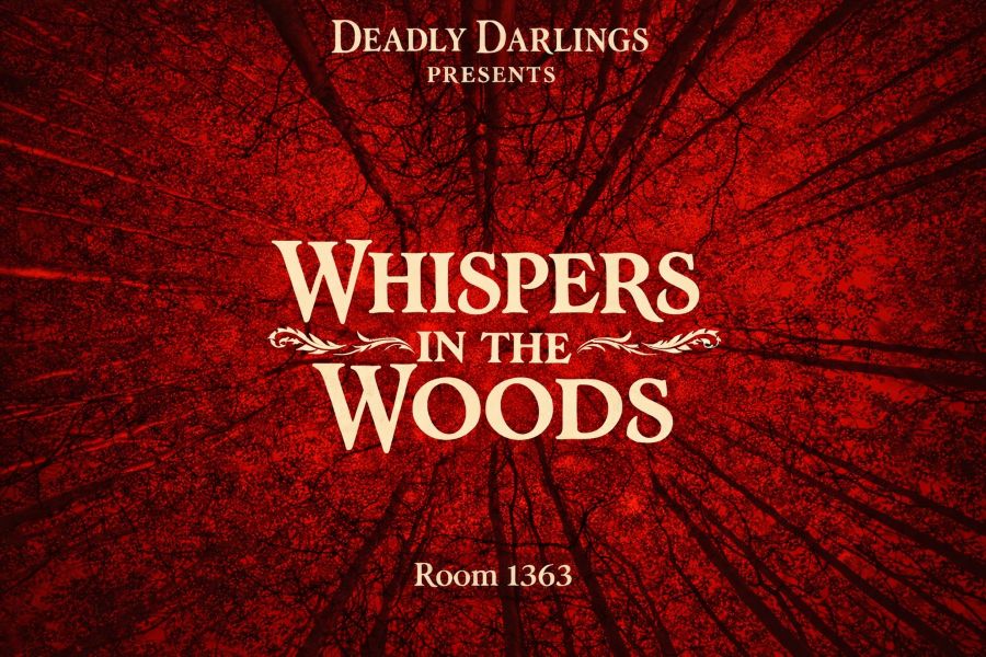 Eerie red background with bare branches sets a chilling horror mood for Deadly Darlings' "Whispers in the Woods," Room 1363.