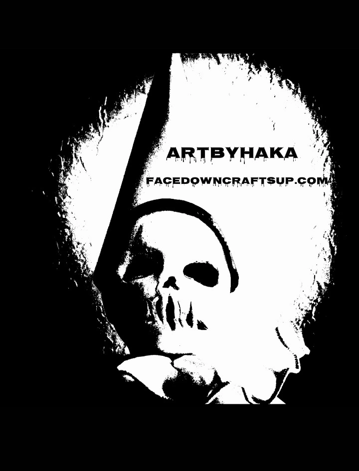 An HAKA-inspired black and white image of a skull with a knife, creating a stunning piece of Art.