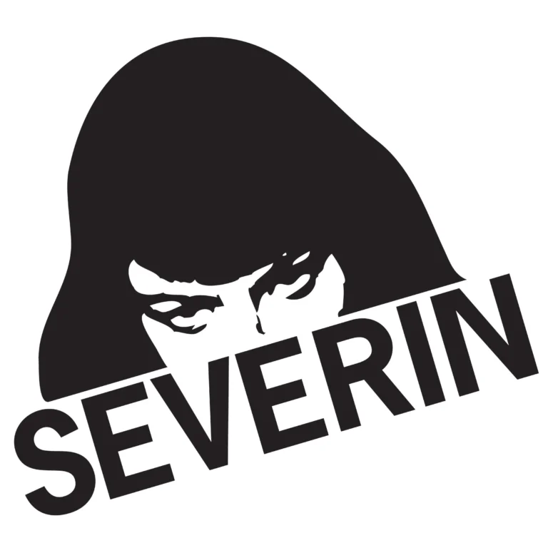 This is an artistic black and white photo of a woman, featuring the word "sevenrin" embedded within it.