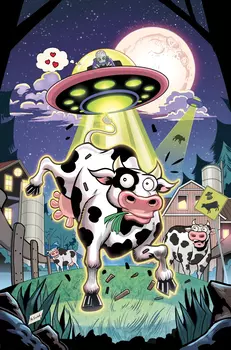 A cow with a ufo flying over it.