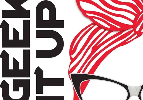 The geek it up logo with glasses and a bow.