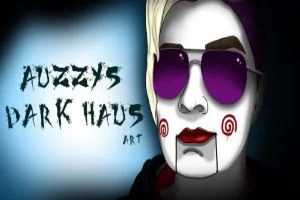 An image of a clown with sunglasses and the words'buzzy's dark house'.