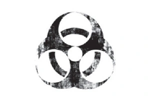 A black and white biohazard symbol on a white background.