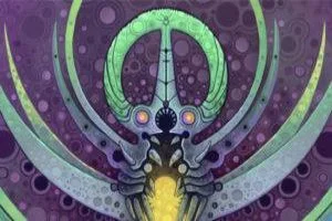 An image of a purple, green, and yellow alien.