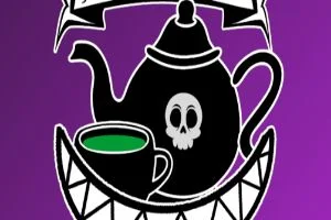 A teapot with a skull and a cup of tea.