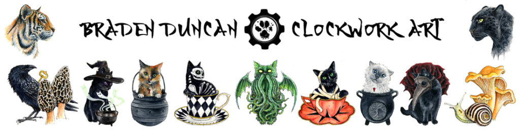 A collection of clockwork art featuring animals adorned with the wolf's horns.