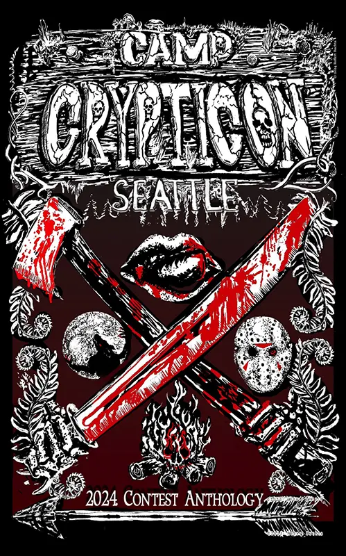 This is a promotional poster for the 2024 Camp Crypticon Seattle writing contest anthology. The design showcases a pair of crossed axes, an aflame skull, and various gothic themes set against a dark backdrop.