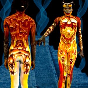 Dutch Bihary showcases the art of body painting on a male and female duo standing side by side.