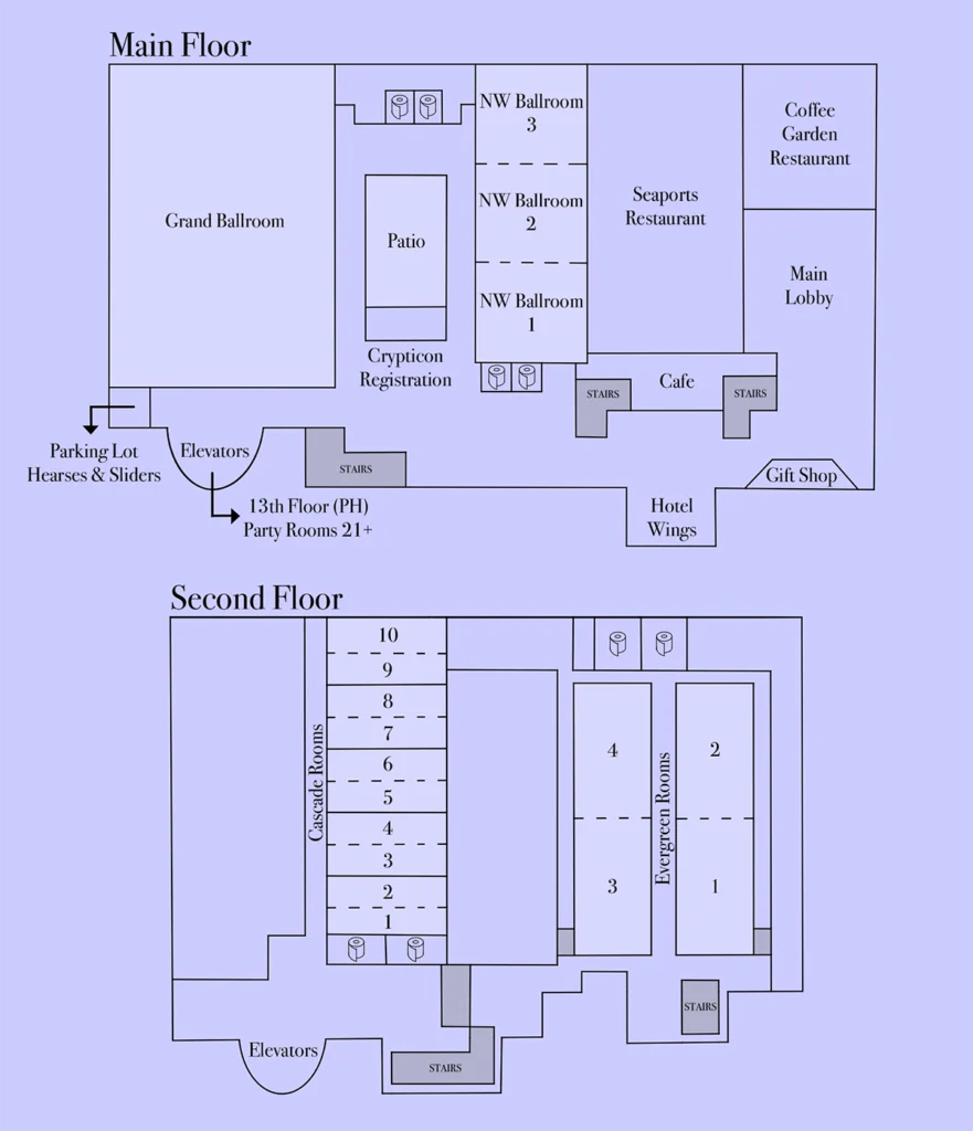 A basic map layout of the main and second floors of the convention.