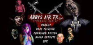 Dark-themed promo image showcasing horror makeup by Abby Hartung, highlighting special effects with text and a demo feature.