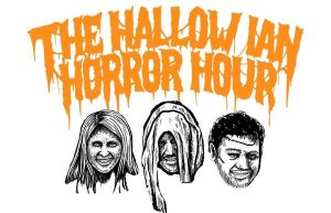 Designing graphics for "Hallow Ian Horror Hour" involves creating stylized illustrations of three people, using typography influenced by horror themes.