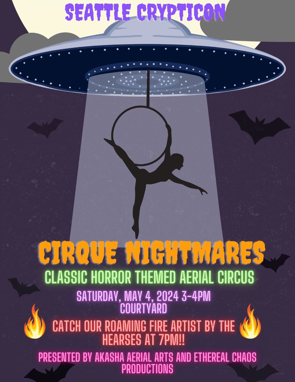 Explore an electric blend of extraterrestrial wonders and circus thrills at "Seattle Crypticon's Cirque Nightmares." Witness a surreal spectacle as a UFO seemingly abducts an aerial acrobat from Akasha Aerial Arts, embellished by dramatic fiery elements. Stay tuned to the event details for this unforgettable experience.