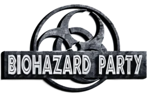 This is a metallic badge showcasing the phrase "biohazard party" along with an emblem of the biohazard symbol.