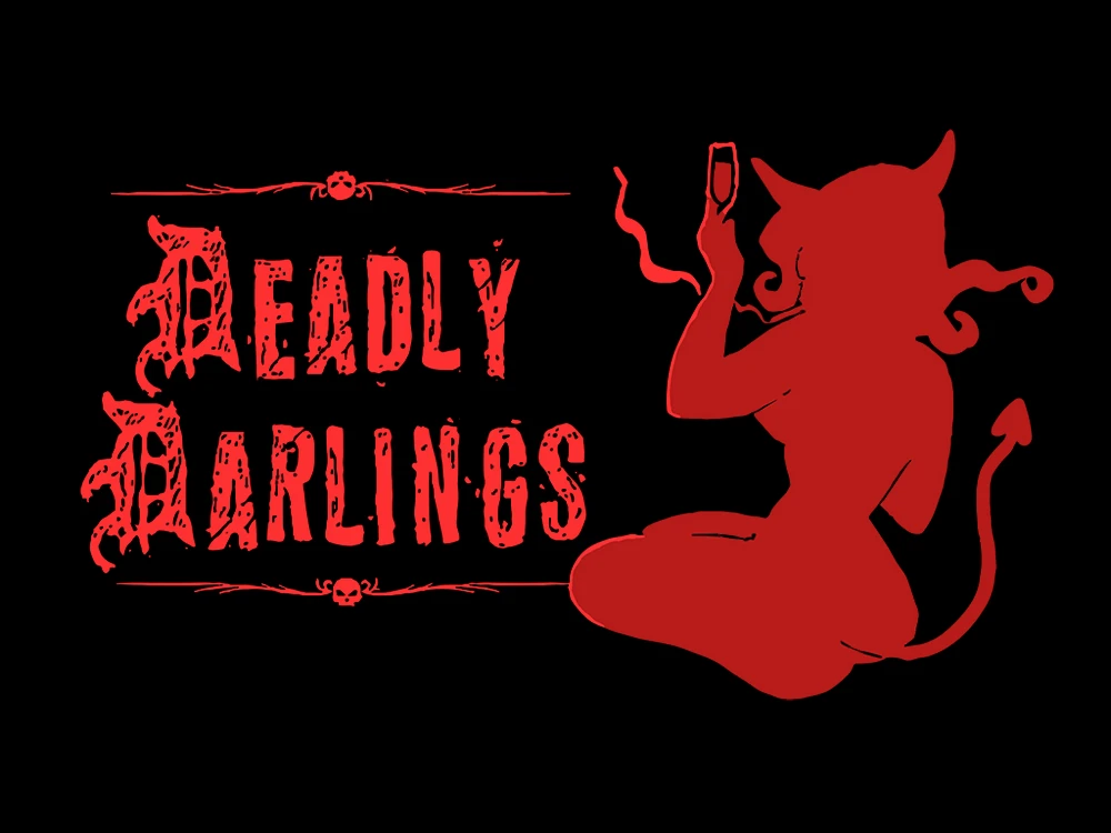 A red silhouette of a sinister figure is depicted taking a selfie, overlaid with the stylized phrase "deadly darlings", all set against a backdrop echoing a haunted house.