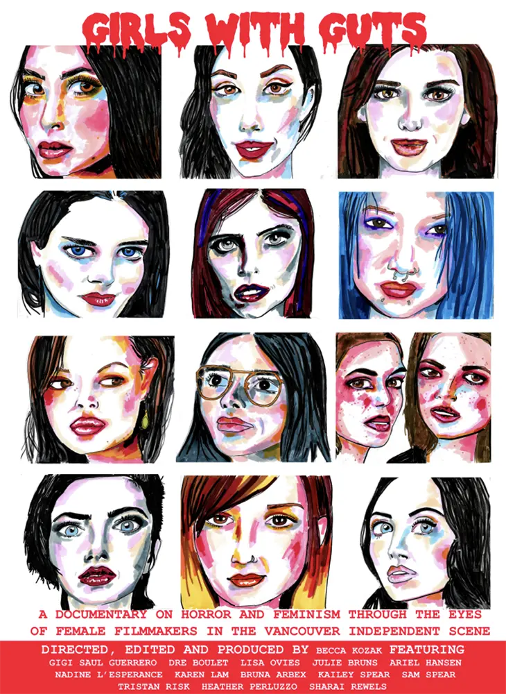 Portraying bold females, illustrated portraits promote a narrative of "girls with guts." Additionally, a documentary exploring the intersection of horror and feminism is available.