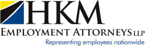 The HKM Employment Attorneys LLP's logo features blue and yellow geometric shapes. Beneath the company's name, the phrase "representing employees nationwide" is displayed.