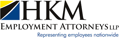 The HKM Employment Attorneys LLP's logo features blue and yellow geometric shapes. Beneath the company's name, the phrase 