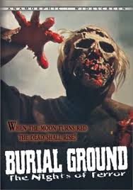 The "Burial Ground: The Nights of Terror" movie poster, released by Severin Presents, showcases a menacing figure. This character is depicted with a gruesomely skeletal mask and blood-stained hands.