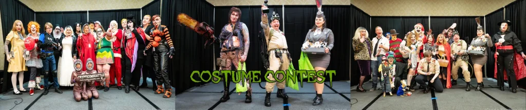 A group of people in various costumes on stage for a costume contest, holding props and posing for a photo perfect for your website&#039;s homepage.