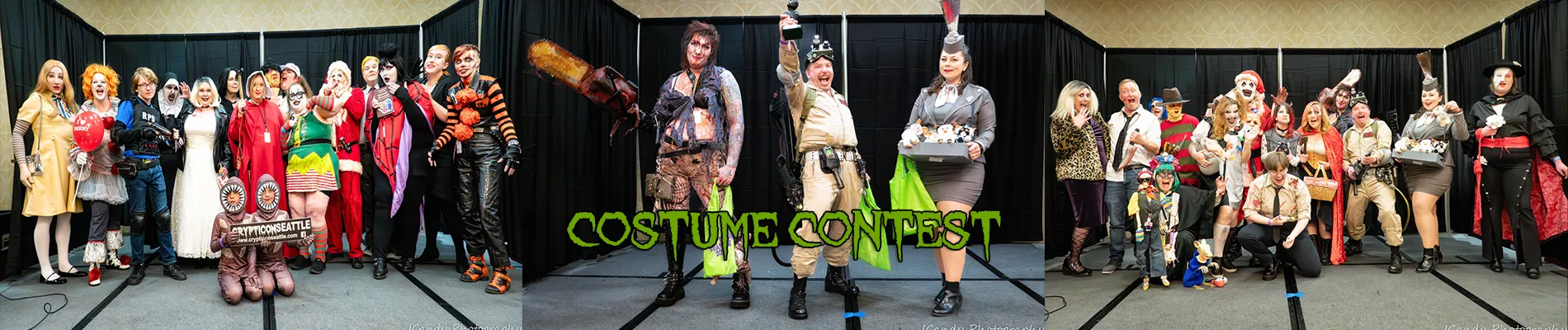 A group of people in various costumes on stage for a costume contest, holding props and posing for a photo perfect for your website's homepage.