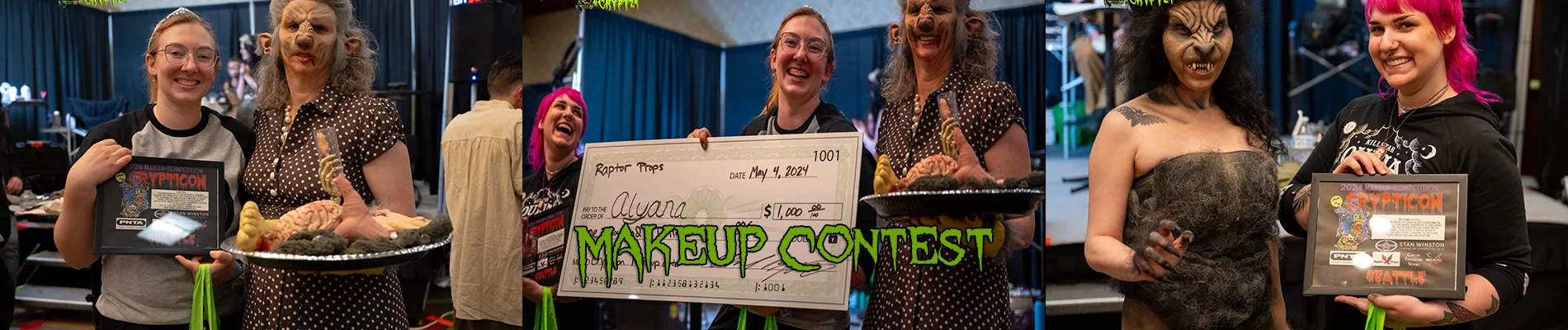 People on stage at a makeup contest, displaying certificates, a large check, and creative makeup designs, ready to shine on the homepage.