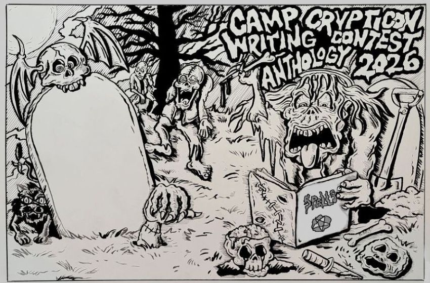 Cartoon monsters in a graveyard read a book under a sign: "Camp Crypticon Seattle Writing Contest Anthology 2026.