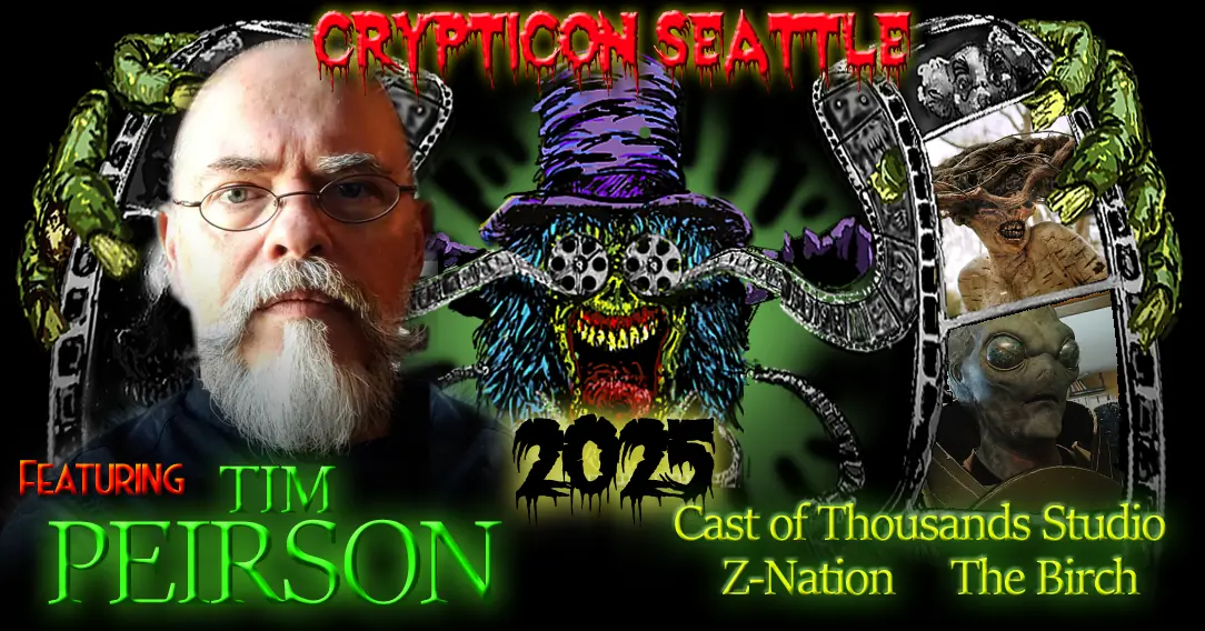 Horror-themed poster for Crypticon Seattle 2025, featuring a sinister clown and a bearded man.