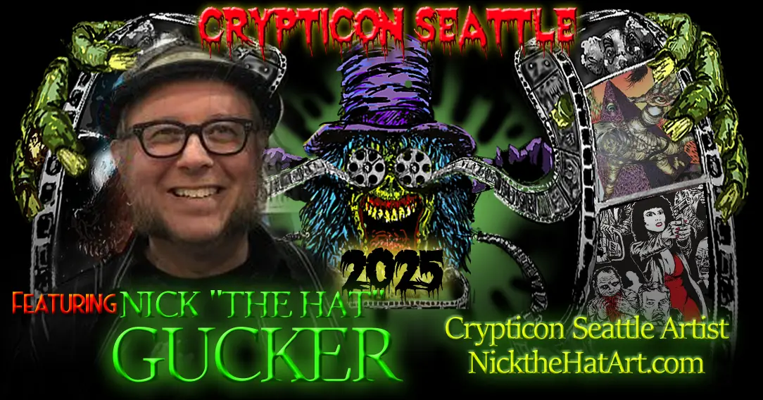 Graphic poster for Crypticon Seattle 2023 featuring an artist and a monster illustration.