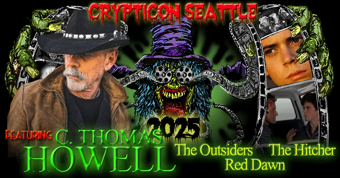 A Crypticon Seattle 2025 poster with images of a man in a hat, a wizard, and two movie scenes.