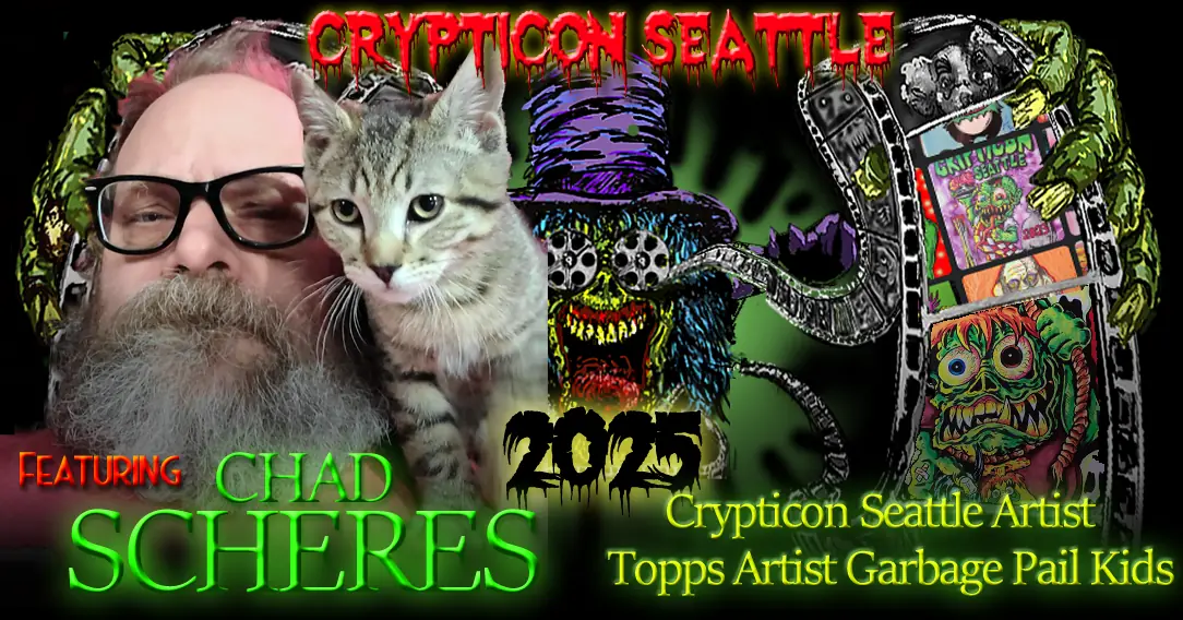 Colorful Crypticon Seattle 2025 poster featuring a man with a cat, an illustrated creature, and artistic graphics.