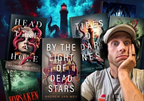 A man in headphones looks surprised, surrounded by eerie Tentacle Press book covers with tentacles and lighthouses.