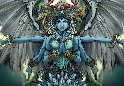 Fantasy illustration by Shanna Duncan: A blue-skinned, multi-armed deity-like figure with wings and an elaborate headdress.