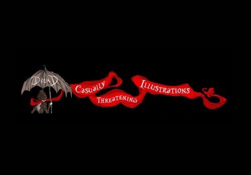 A black background with red ribbon text: "Casually Dreadful Illustrations" next to an umbrella with bats.