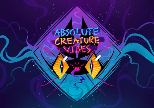 Abstract illustration by Creature Vibes, LLC features vibrant text "Absolute Creature Vibes" and eyes, surrounded by swirling purple and blue shapes.