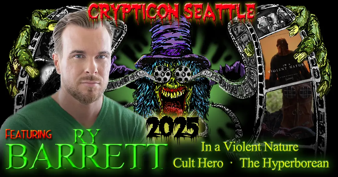 Halloween-themed poster for Crypticon Seattle 2025, featuring a man, a colorful monster, and film titles.