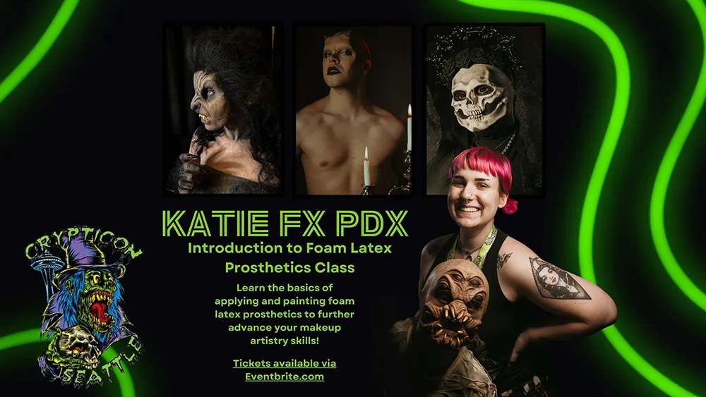 Advertisement for a foam latex prosthetics class featuring makeup artistry and cryptic themed designs.