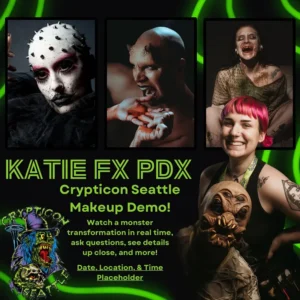 Three makeup artists in monster costumes for Crypticon Seattle. Bright green neon swirl background with event details.