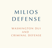 Text reads: "MILIOS DEFENSE" and "WASHINGTON DUI AND CRIMINAL DEFENSE" on a light background.