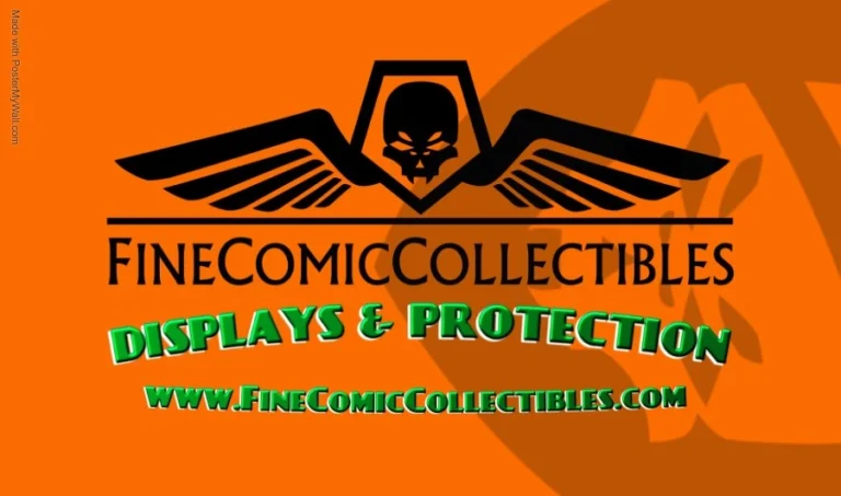 Orange background features a black winged skull logo and text: "FineComicCollectibles, Displays & Protection" for your cherished items.