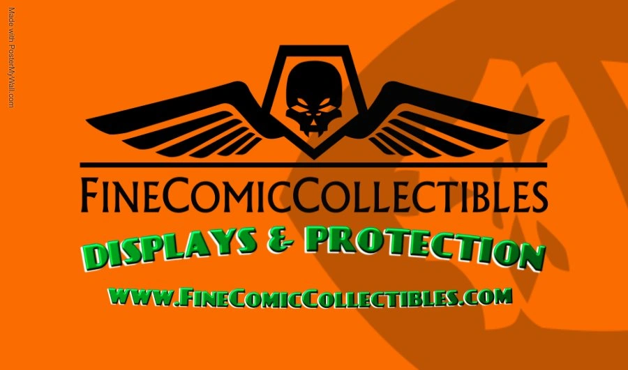 Orange background features a black winged skull logo and text: "FineComicCollectibles, Displays & Protection" for your cherished items.