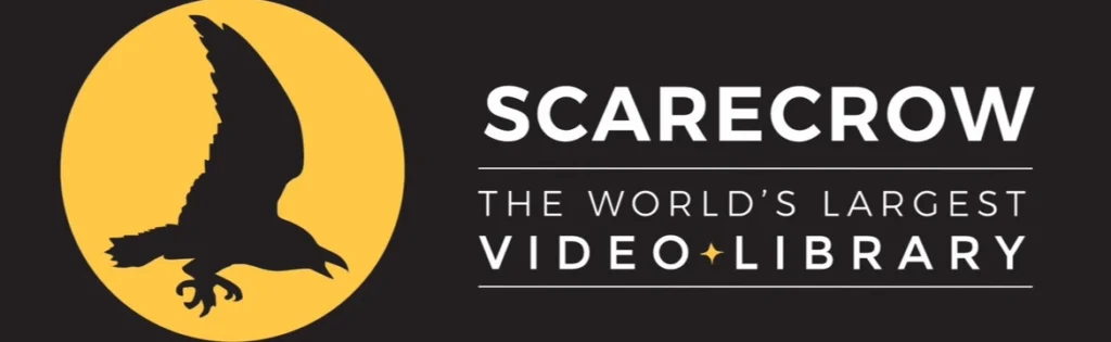 Silhouette of a flying crow in a yellow circle next to text: "Scarecrow Video, the world’s largest video library.