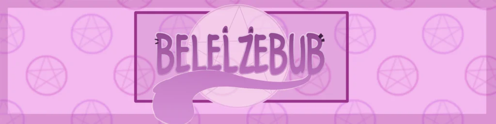 Purple "BEELZEBUB" text with horns and tail, over a pentagram pattern background in various shades of pink.