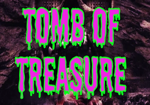 The image showcases "Tomb of Treasure" in neon letters, illuminating the dark, rocky background with a hint of mystery.