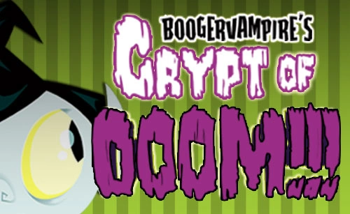 Cartoon character with "Boogervampire's Crypt of DOOM!!!" text on a green striped background.