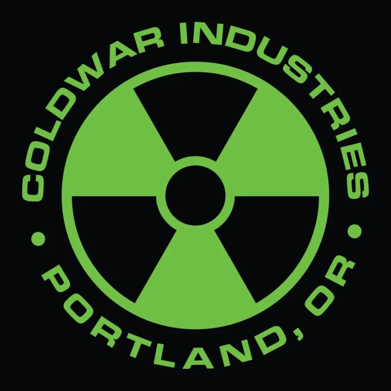 Green radioactive symbol with "ColdWar Industries, LLC Portland, OR" text on a black background.