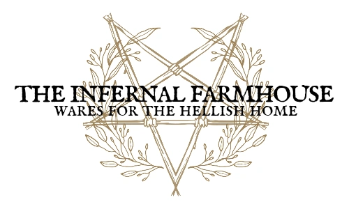 A pentagram framed by branches, reading: "The Infernal Farmhouse. Wares for the Hellish Home.