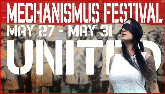 A blindfolded woman in white stands before a Mechanismus Festival banner, highlighting the event dates.