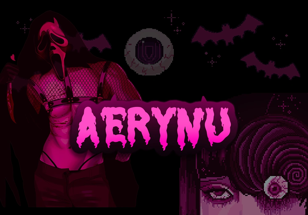 Purple horror-themed art with a masked figure, bats, a large eye, and “AERYNU” in bold, eerie pink text.