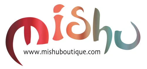 Stylized "mishu" logo with a gradient from red to green, includes website URL www.mishuboutique.com.